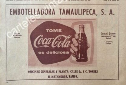 CARTEL ANTIGUO ORIGINAL DE COCA COLA EMBOTELLADORA TAMAULIPECA S.A 1953 /MUY RARO