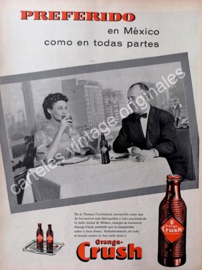 CARTEL ANTIGUO ORIGINAL DE REFRESCO ORANGE CRUSH Y HOTEL CONTINENTAL 1955 / RARO