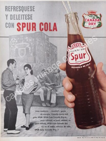 CARTEL ANTIGUO ORIGINAL DE REFRESCO CANADA DRY SPUR COLA Y LA BIBLIOTECA UNAM 1960