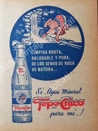 CARTEL ANTIGUO ORIGINAL DE SET DE 3 AFICHES AGUA MINERAL TOPO CHICO 40s & 50s - Imagen 2