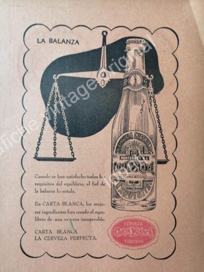 CARTEL ANTIGUO ORIGINAL DE SET DE 3 AFICHES CERVEZA CARTA BLANCA 50s & 60s - Imagen 4