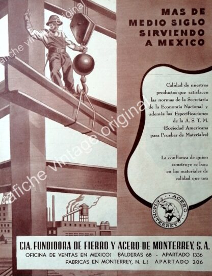 CARTEL ANTIGUO ORIGINAL DE COMPAÑIA FUNDIDORA DE FIERRO Y ACERO DE MONTERREY 1956