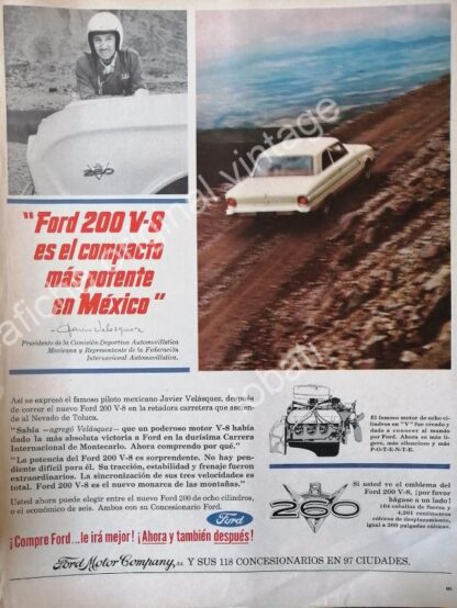 CARTEL ANTIGUO ORIGINAL DE PILOTO JAVIER VELAZQUEZ Y AUTOS FORD 200 V-8 /FEP RARO