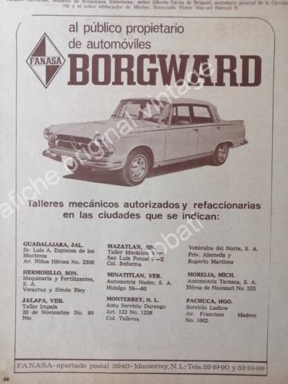 CARTEL ANTIGUO ORIGINAL DE AUTOS BORGWARD 1971 MONTERREY, MEXICO