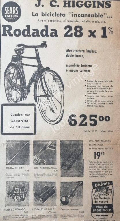 CARTEL ANTIGUO ORIGINAL DE BICICLETA J.C. HIGGINS 1950s SEARS