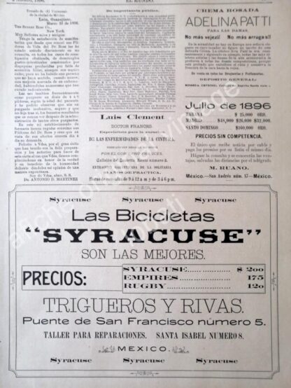 CARTEL ANTIGUO ORIGINAL DE BICICLETAS CYRACUSE Y OTROS 1896 / MUY RARO