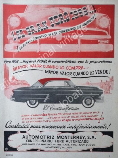 CARTEL ANTIGUO ORIGINAL DE AUTOS FORD CRESLINE 1953. AUTOMOTRIZ MONTERREY S.A