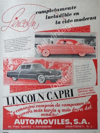 CARTEL ANTIGUO ORIGINAL DE AUTO LINCOLN CAPRI 1953 AUTOMOVILES S.A MONTERREY