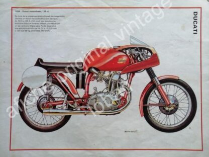 CARTEL ANTIGUO ORIGINAL DE MOTOCICLETA DUCATI MONOALBERO 1956 DIBUJO BRUNO BELLI