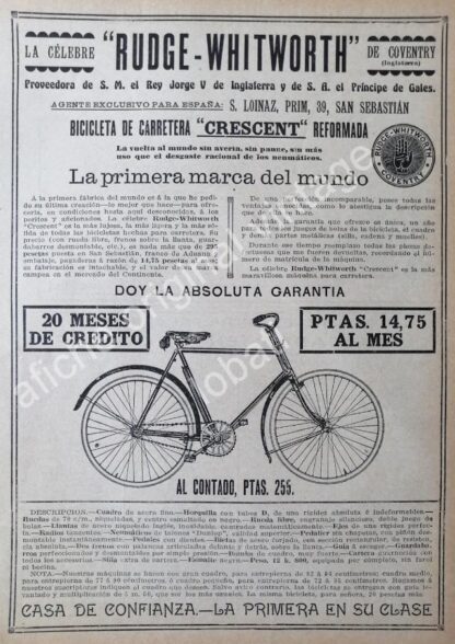 CARTEL ANTIGUO ORIGINAL DE BICICLETAS RUDGE WHITWORTH 1914 / RARO