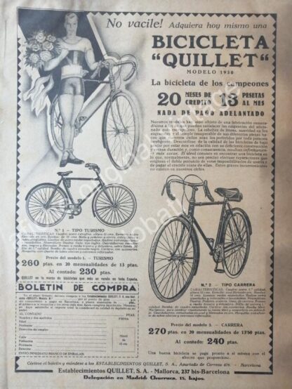 CARTEL ANTIGUO ORIGINAL DE BICICLETAS QUILLET 1930