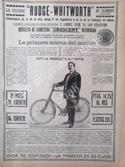 CARTEL ANTIGUO ORIGINAL DE BICICLETAS RUDGE WHITWORTH 1913 / RARO