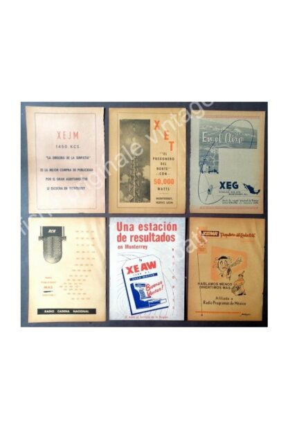 CARTEL ANTIGUO ORIGINAL DE SET DE 6. RADIO DIFUSORAS DE MONTERREY .1940s-60s