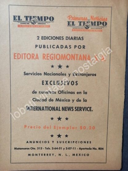 CARTEL ANTIGUO ORIGINAL DE SET DE 4. PERIODICO EL TIEMPO. MONTERREY, AÑOS 50s-60s - Imagen 4