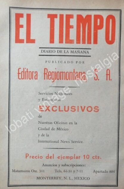 CARTEL ANTIGUO ORIGINAL DE SET DE 4. PERIODICO EL TIEMPO. MONTERREY, AÑOS 50s-60s - Imagen 3