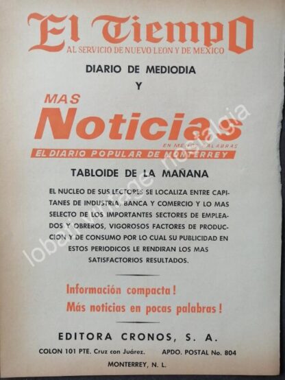 CARTEL ANTIGUO ORIGINAL DE SET DE 4. PERIODICO EL TIEMPO. MONTERREY, AÑOS 50s-60s - Imagen 2