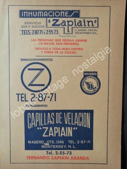 CARTEL ANTIGUO ORIGINAL DE SET DE 3 AFICHES FUNERALES ZAPIAIN MONTERREY AÑOS 50s 60s - Imagen 3