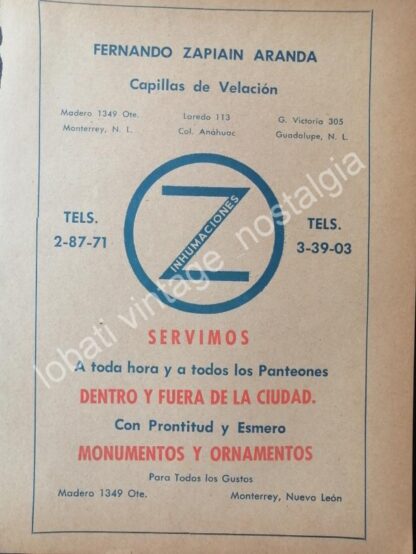 CARTEL ANTIGUO ORIGINAL DE SET DE 3 AFICHES FUNERALES ZAPIAIN MONTERREY AÑOS 50s 60s - Imagen 2