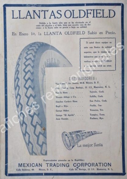 CARTEL ANTIGUO ORIGINAL DE LLANTAS OLDFIELD 1922. MEXICAN TRADING CORPORATION -RARO