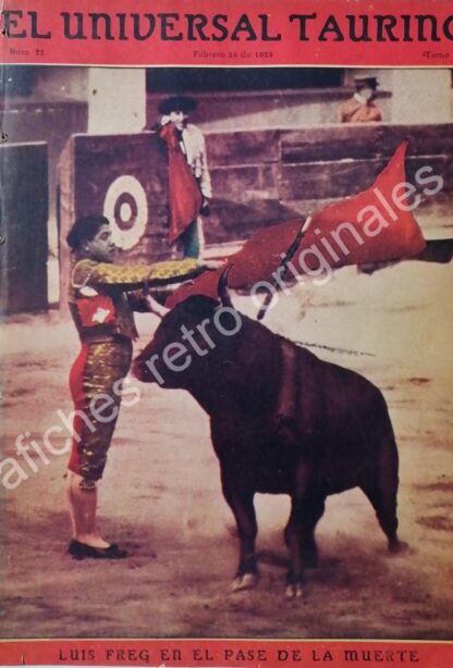 PORTADA ANTIGUA ORIGINAL  1923. TORERO. LUIS FREG, EL PASE DE LA MUERTE