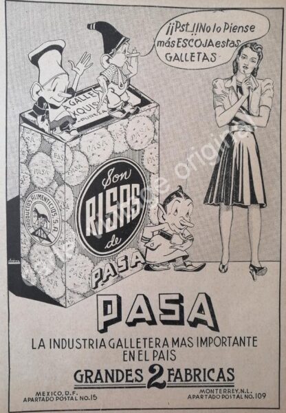 CARTEL ANTIGUO ORIGINAL DE GALLETAS SONRISAS DE GALLETAS PASA 1941 MONTERREY