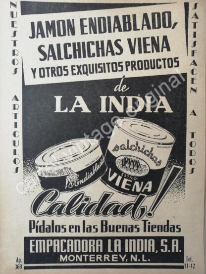 CARTEL ANTIGUO ORIGINAL DE EMPACADORA LA INDIA 1942 MONTERREY / MUY RARO