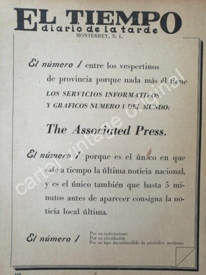 CARTEL ANTIGUO ORIGINAL DE PERIODICO EL TIEMPO 1942 DE MONTERREY