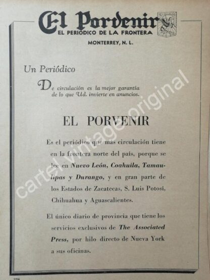 CARTEL ANTIGUO ORIGINAL DE PERIODICO EL PORVENIR 1942 MONTERREY