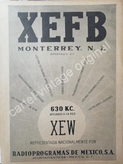 CARTEL ANTIGUO ORIGINAL DE ESTACION DE RADIO XEFB MONTERREY 1941