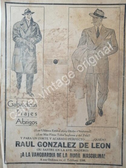 CARTEL ANTIGUO ORIGINAL DE SASTRERIA DE RAUL GONZALEZ DE LEON 1942 MONTERREY