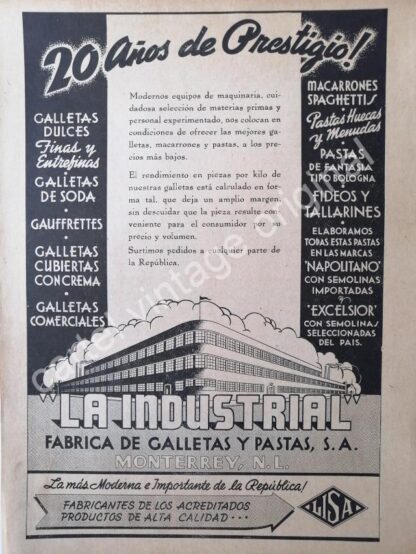 CARTEL ANTIGUO ORIGINAL DE FABRICA DE GALLETAS LA INDUSTRIAL 1942 MONTERREY