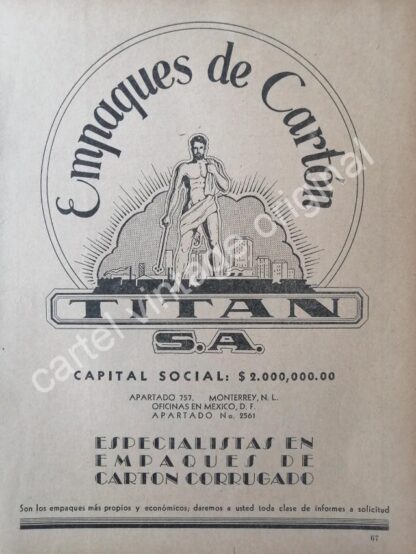 CARTEL ANTIGUO ORIGINAL DE EMPAQUES DE CARTON TITAN 1942, MONTERREY