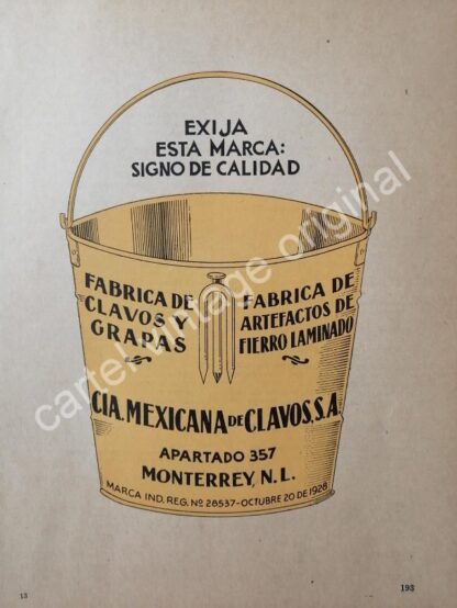 CARTEL ANTIGUO ORIGINAL DE CIA. MEXICANA DE CLAVOS S.A, MONTERREY 1942