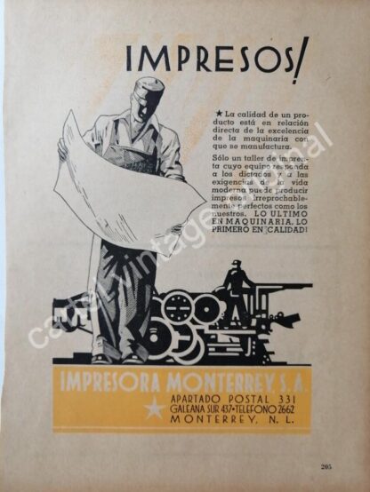 CARTEL ANTIGUO ORIGINAL DE IMPRESORA MONTERREY S.A 1941