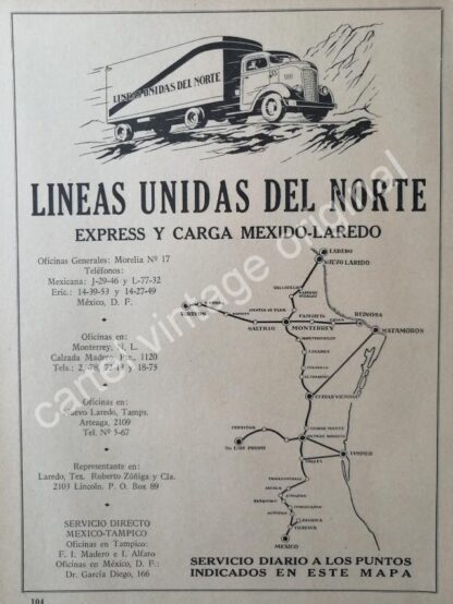 CARTEL ANTIGUO ORIGINAL DE LINEAS UNIDAS DEL NORTE S.A 1944 MONTERREY