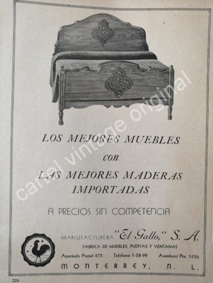 CARTEL ANTIGUO ORIGINAL DE MUEBLES Y CAMAS EL GALLO S.A 1943 MONTERREY