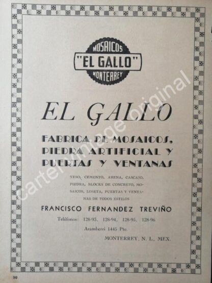 CARTEL ANTIGUO ORIGINAL DE MOSAICOS EL GALLO S.A 1941 MONTERREY