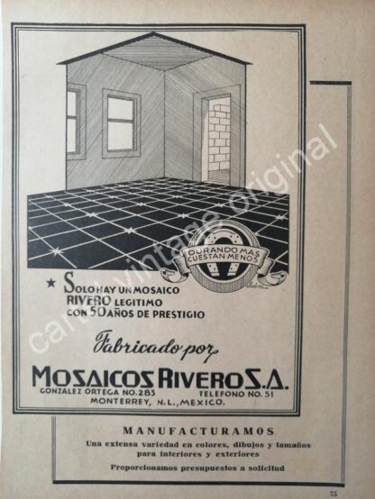 CARTEL ANTIGUO ORIGINAL DE MOSAICOS RIVERO S.A 1942 MONTERREY