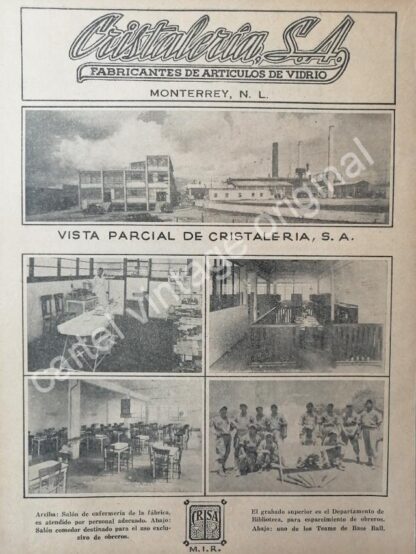 CARTEL ANTIGUO ORIGINAL DE EMPRESAS. CRISA. CRISTALERIA S.A MONTERREY 1941