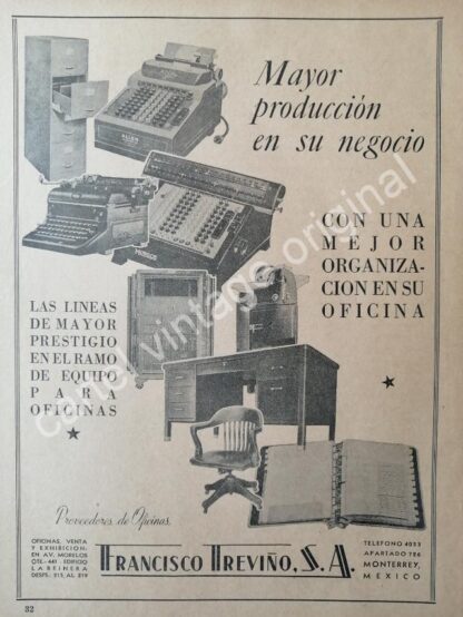 CARTEL ANTIGUO ORIGINAL DE ARTICULOS DE OFICINA FRANCISCO TREVIÑO S.A 1942