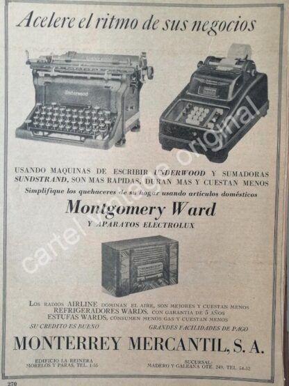 CARTEL ANTIGUO ORIGINAL DE MAQUINAS DE ESCRIBIR Y SUMADORAS. MONTERREY MERCANTIL S.A 1942