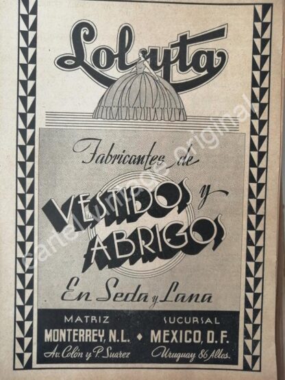 CARTEL ANTIGUO ORIGINAL DE FABRICA DE ROPA LOLYTA 1942 MONTERREY / RARO