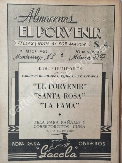 CARTEL ANTIGUO ORIGINAL DE ROPA Y TELAS. ALMACENES EL PORVENIR, MONTEREY 1943