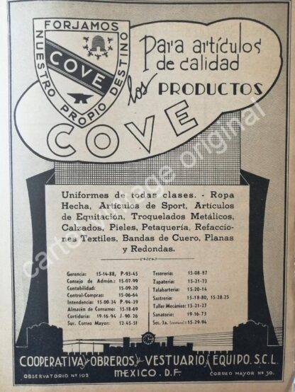 CARTEL ANTIGUO ORIGINAL DE COVE. COOPERTIVA DE OBREROS DE VESTUARIO y EQUIPO 1942 / RARO