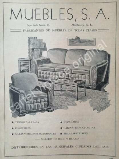 CARTEL ANTIGUO ORIGINAL DE MUEBLERIAS. MUEBLES S.A ( SALINAS Y ROCHA ) 1942 MONTERREY