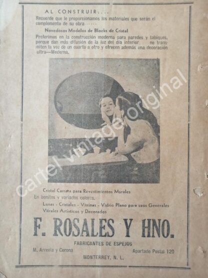 CARTEL ANTIGUO ORIGINAL DE FABRICA DE ESPEJOS DE FRANCISCO ROSALES Y HNO. 1941 MONTERREY