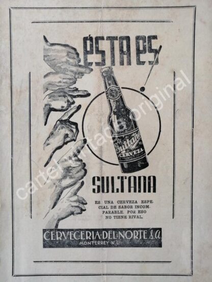 CARTEL ANTIGUO ORIGINAL DE CERVEZA SULTANA 1942 CERVECERIA DEL NORTE S.A MONTERREY /RARO - Imagen 2