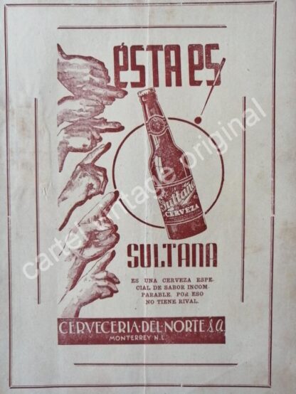 CARTEL ANTIGUO ORIGINAL DE CERVEZA SULTANA 1942 CERVECERIA DEL NORTE S.A MONTERREY /RARO - Imagen 3