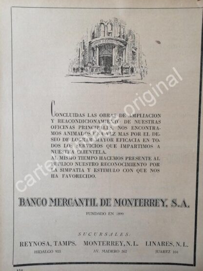 CARTEL ANTIGUO ORIGINAL DE BANCO MERCANTIL DE MONTERREY 1942