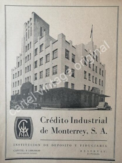 CARTEL ANTIGUO ORIGINAL DE BANCO CREDITO INDUSTRIAL DE MONTERREY 1942